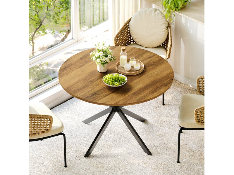 Table à manger ronde, 120x120x78 cm, table, repas, pratique, plateau aggloméré, piètement métal, coloris marron et noir - Conforama B