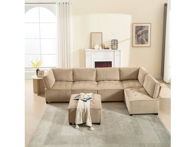 Canapé modulable 6 places en velours côtelé kaki 308x154x82 cm - Conforama W