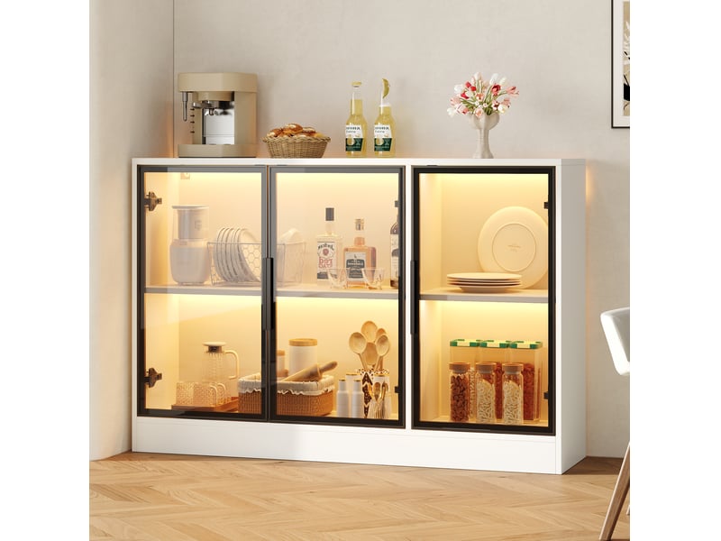 Vitrine led 120 x 30 x 73 cm - blanche - verre gris trempé, éclairage multicolore et fermeture douce - Conforama B