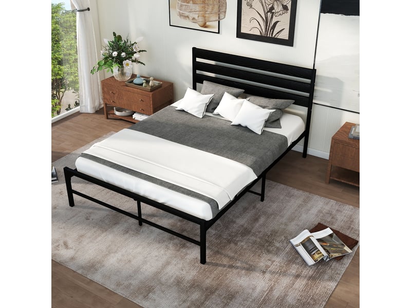  Lit 2 places 140x200 cm noir, tête de lit mdf, sommier à lattes inclus, stable et polyvalent , rangement sous le lit,sans matelas  - Conforama D