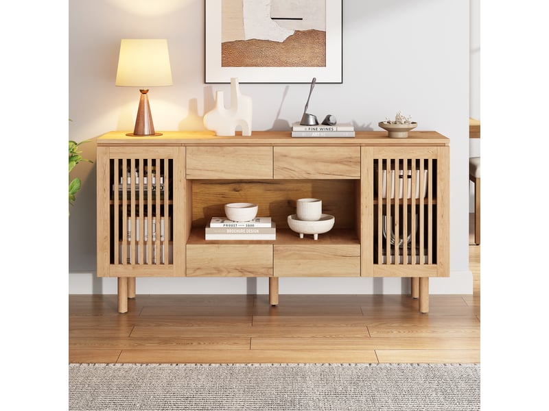 Buffet 140x35x71 cm avec 4 tiroirs et 2 portes coloris bois naturel - Conforama B