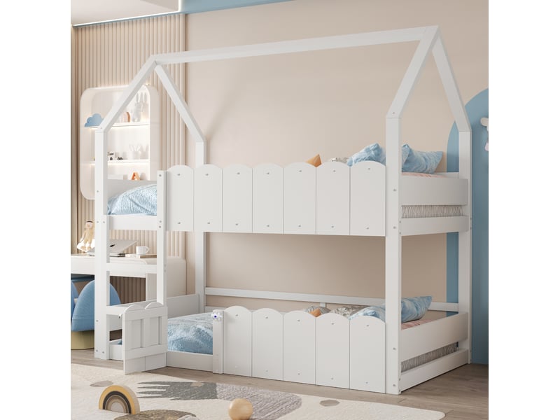  Lit superposé enfant cabane 90x200 cm avec échelle et barrières, blanc  - Conforama C