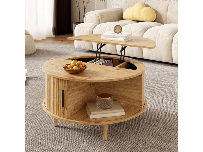  Table basse ronde 80x80 cm réglable en hauteur avec rangement, coloris chêne  - Conforama E