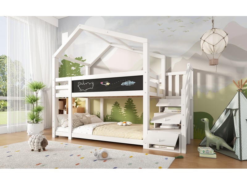 Lit superposé cabane enfant 90x200 cm avec barrière et espace de rangement – blanc – sans matelas - Conforama B