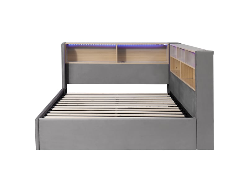  Lit coffre 140x190 cm en velours gris avec led, usb, type-c, rangement et sommier inclus, sans matelas  - Conforama D