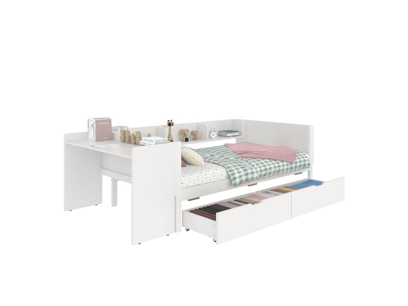  Lit enfant blanc 90x200 cm en bois, bureau, 2 tiroirs et étagères intégrés  - Conforama D