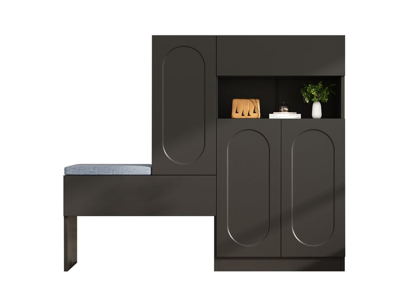  Meuble à chaussures 130x35x110 cm avec banquette et portes à fermeture douce, noir  - Conforama A