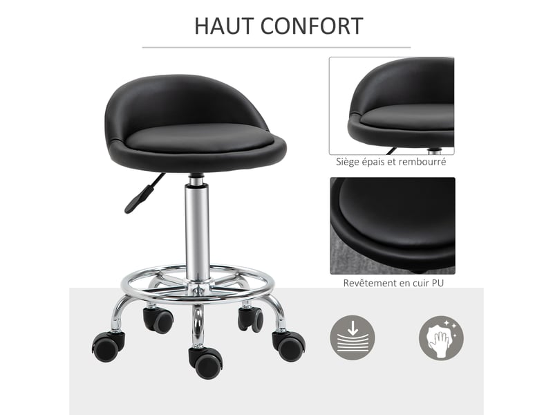  Lot de 2 tabouret à roulette pivotant 360°, assise réglable 47-62h cm, acier chromé revêtement synthétique noir  - Conforama E