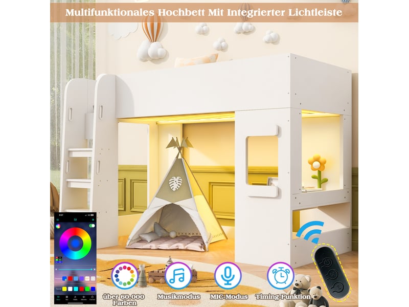  Lit mezzanine enfant 90 × 200 cm 1 place avec bureau, led et échelle sécurisée, sans matelas, blanc  - Conforama E