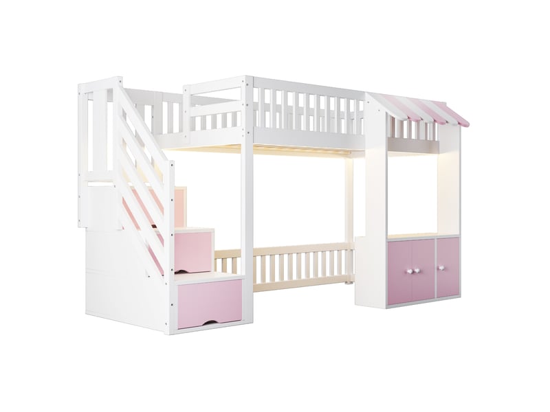  Lit mezzanine enfant 90x200 cm – rose et blanc – escalier de rangement, led multicolore, sans matelas  - Conforama D