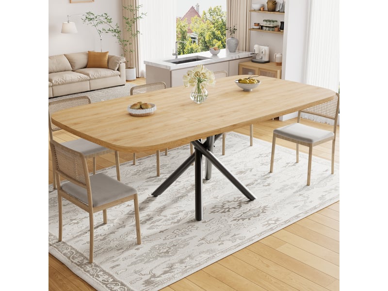  Table à manger extensible 115155195 x 115 x 75 cm pour 4 à 8 personnes, pieds croisés en métal, pieds réglables, plateau effet chêne en mdf  - Conforama B
