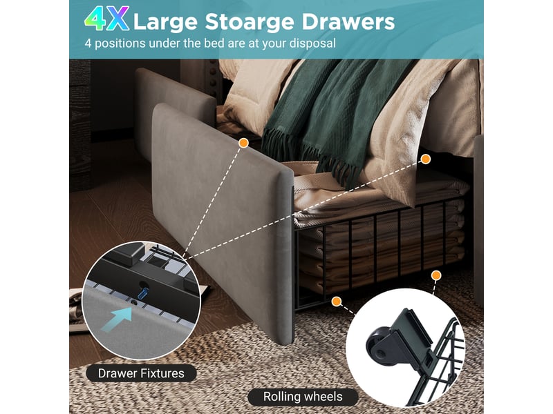  Lit avec tiroirs double 160×200 cm, led réglable et usb type-c - okmyhome- velours gris, matelas inclus  - Conforama E