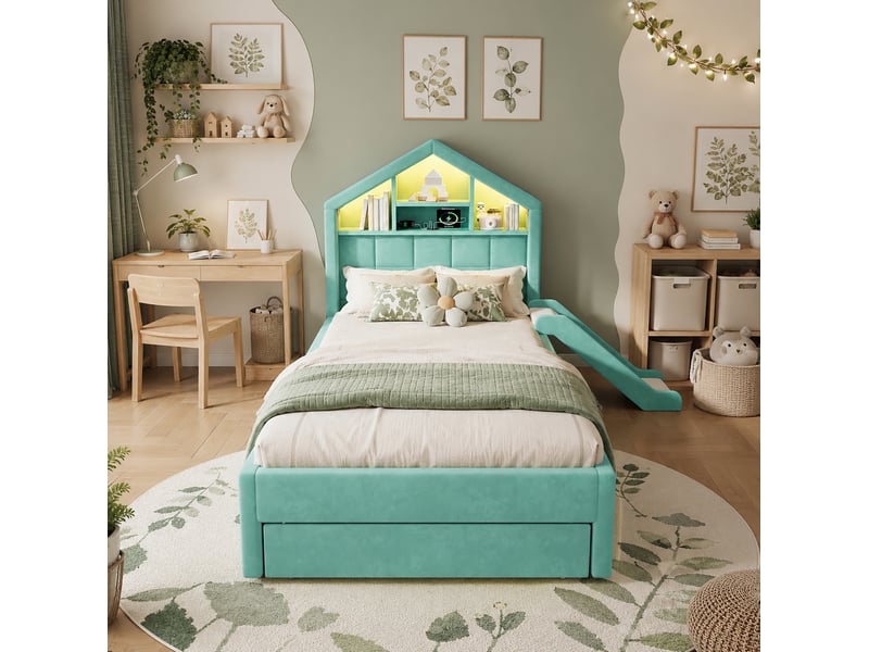  Lit enfant 90 × 200 cm 1 place avec toboggan, led et rangement, sans matelas, en velours, bleu-vert  - Conforama C