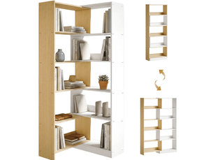 Bibliothèque pivotante à 5 niveaux modulable 350° - étagères ouvertes, panneaux de particules naturel et blanc