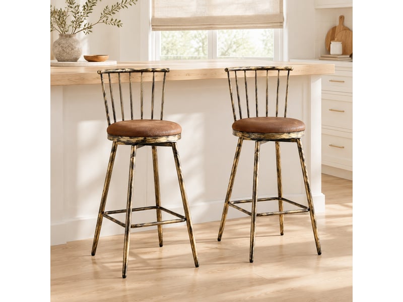  Tabouret de bar hauteur comptoir avec repose-pieds - lpospi - dossier windsor, assise rembourrée - tissu et métal - marron  - Conforama B