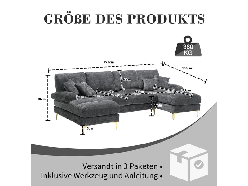 Canapé panoramique en u 272x136 cm avec pieds métal doré, chenille gris foncé Morn Vibe - Conforama E