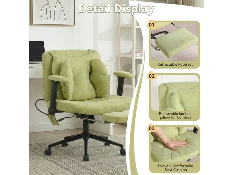  Chaise de bureau pivotante à 360° avec coussin lombaire réglable et roulettes pour bureau en tissu vert  - Conforama C
