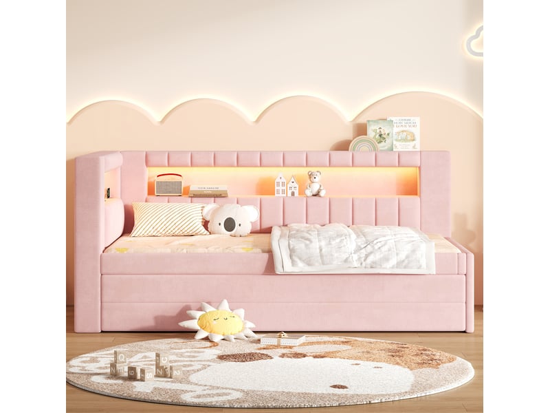  Lit banquette 90x200 cm rose avec lit gigogne, 3 tiroirs, led et usb  - Conforama E