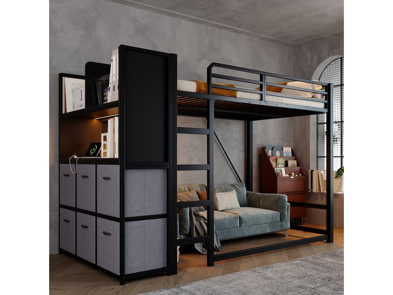  Lit mezzanine 120x200cm - en métal avec échelle, latéral, tiroirs , étagère ouverte, éclairage et station de charge - noir  - Conforama C