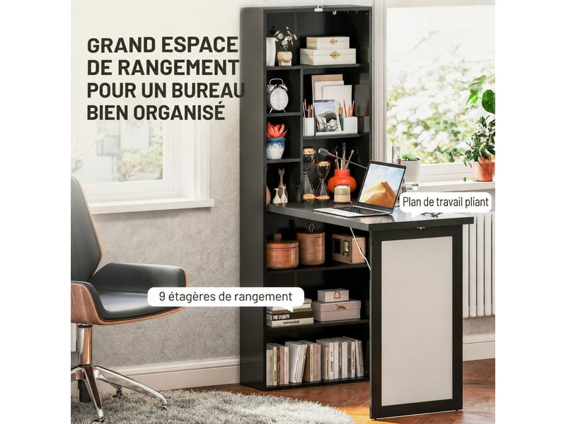  Bureau pliable avec bibliothèque et tableau noir, 9 étagères, 98 x 51 x 153, marron rustique  - Conforama D