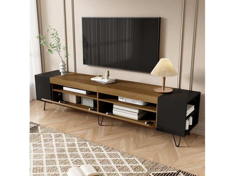  Meuble tv modenvie 180 x 36 x 43 cm avec rangement mdf noir et décor bois  - Conforama E