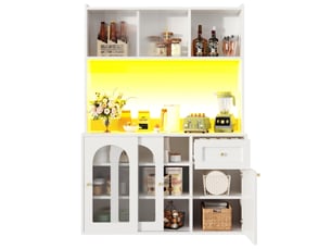 Buffet de cuisine avec 4 portes vitrées coulissantes, 1 tiroirs, étagères réglables et éclairage led - 120×35×167 cm - blanc