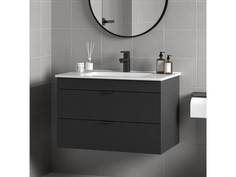  Meuble-lavabo mural avec vasque en céramique et tiroirs à fermeture amortie, noir.  - Conforama D