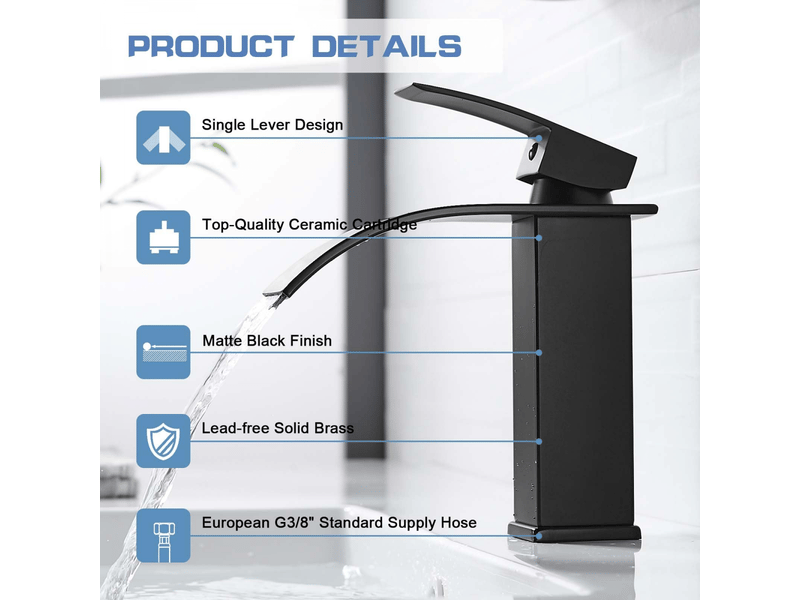  Mitigeur lavabo design moderne élégant,robinet cascade noir en laiton pour salle de bain,raccord g 38  - Conforama D