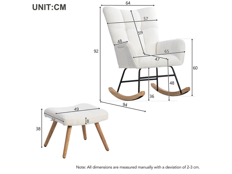  Fauteuil à bascule 65x94x92 cm avec repose-pieds 49x38x38 cm, coloris blanc  - Conforama C