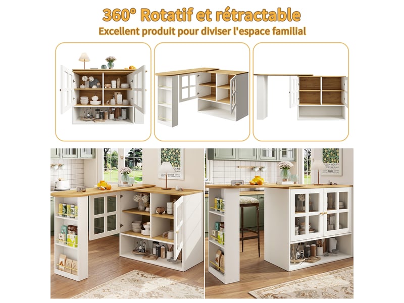  Table à manger rotative 360° - extensible 138-204cm - rangement intégré (étagères+vitrine)&amp;portes verre - blanc - idéal petit espace 204x39x102.5cm - Conforama D