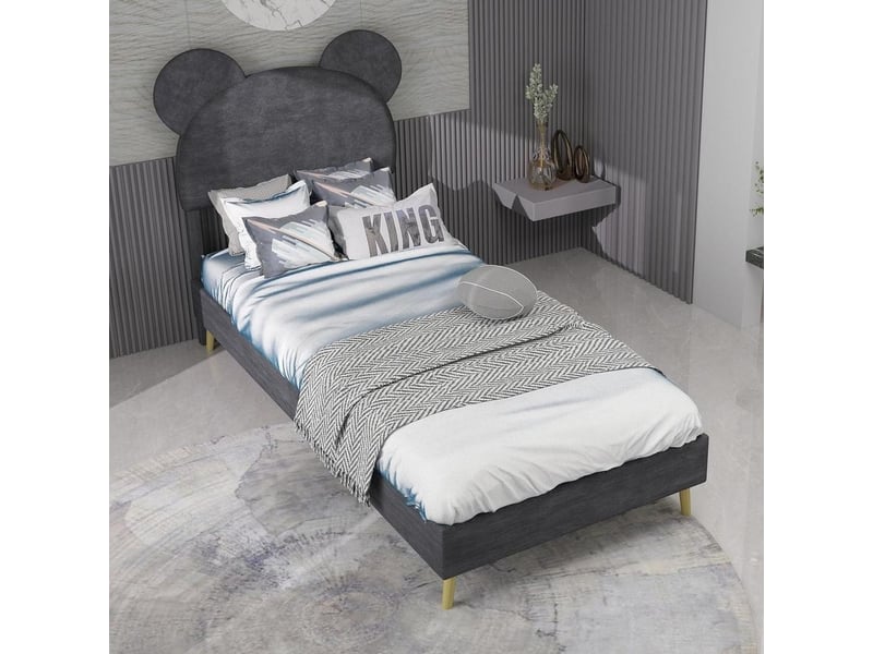  Lit rembourré moderne 90x200 cm avec tête de lit cartoon velours cadre bas chambre enfant ado, sans matelas, gris  - Conforama C