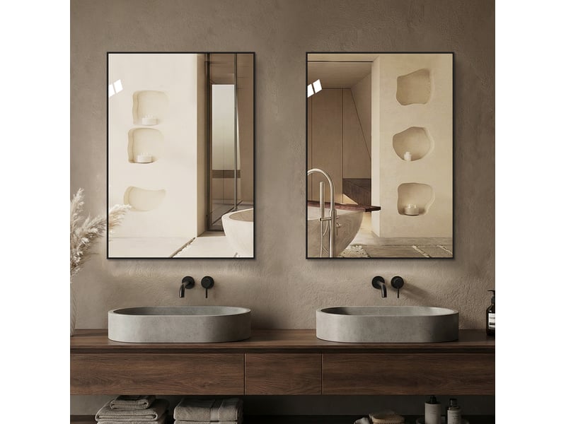  Miroir de salle de bain 50x70 cm mural montage horizontal ou vertical aluminium noir  - Conforama D