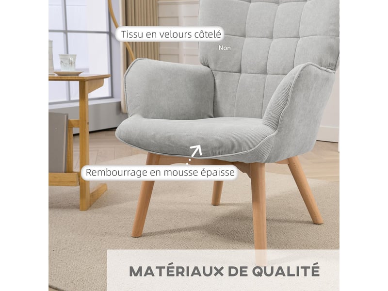  Fauteuil avec repose-pieds en velours côtelé et bois gris  - Conforama D