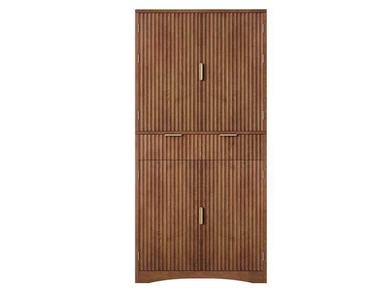 Buffet haut h180 cm avec portes rainurées - tiroirs, étagères réglables, rangements de porte intégrés et grand espace de stockage effet noyer Fay Lum - Conforama A