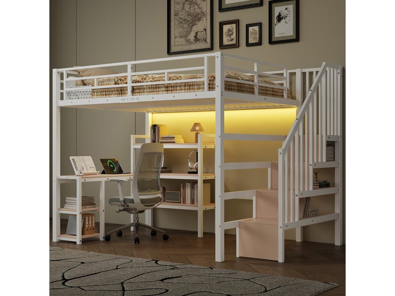 Lit mezzanine en métal 140x200 cm - avec bureau et échelle de rangement - port usb et éclairage led - blanc (sanas matelas)  - Conforama R
