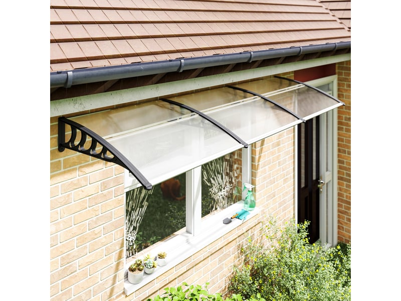  Auvent en polycarbonate et aluminium pour balcons, fenêtres et portes, 303 x 96 x 27 cm, noir et transparent  - Conforama D