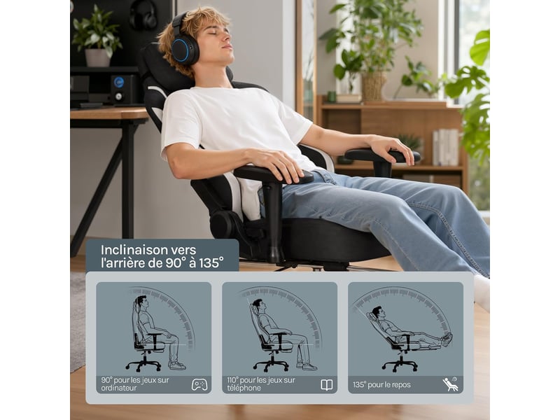  Chaise gaming, avec dossier inclinable appui-tête,repose-pieds rétractable, en maille, noir  - Conforama E