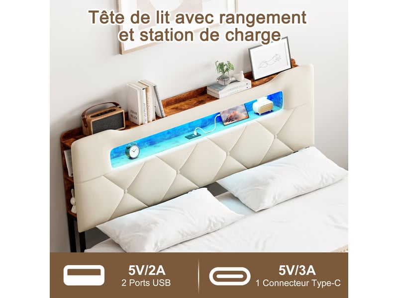  Lit double rembourré 140x190 avec sommier et rangement, lits deux place moderne avec 4 tiroir, éclairage led et port usb, beige velours  - Conforama R