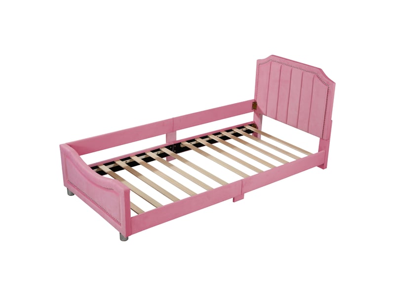 Lit enfant 90x200 cm, lit capitonné avec dossier et accoudoirs en flanelle rose, sans matelas - Conforama E