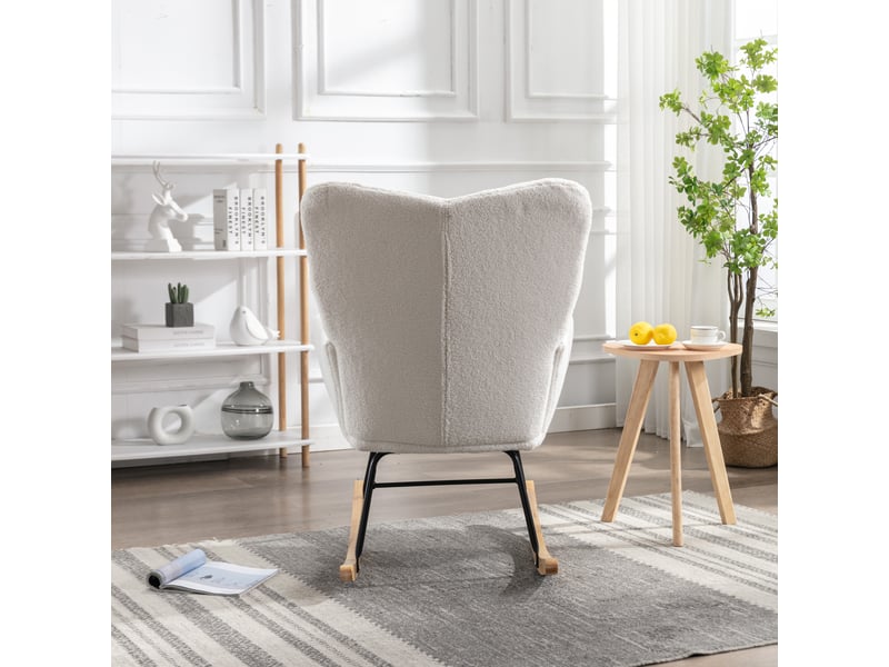 Fauteuil à bascule blanc en tissu teddy, rocking chair moderne capitonné pour salon et chambre, pieds bois - Conforama R