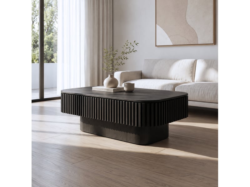 Table basse rectangulaire avec rangement caché, plateau amovible et finition nervurée noire en mdf 98 × 60 × 35 cm - Conforama E