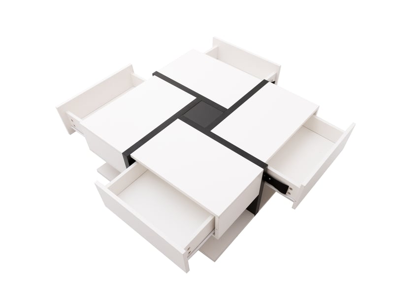  Table basse carrée avec 4 tiroirs et niche de rangement, finition brillante, pour salon, blanc, 78 × 78 × 36 cm  - Conforama E
