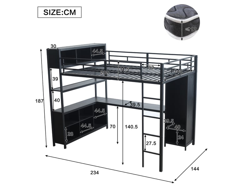  Lit mezzanine 140x200 cm avec bureau, rangements et armoire, métal et panneau de particules, noir sans matelas  - Conforama E