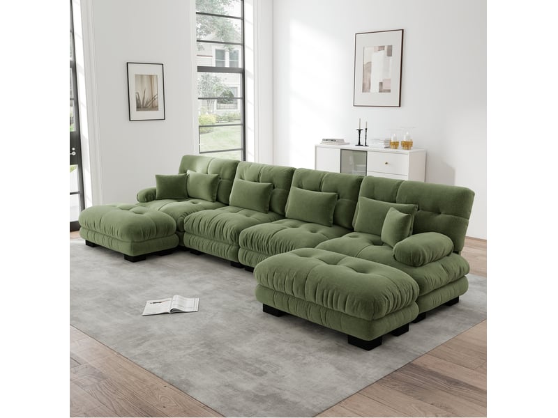 Canapé d'angle modulable ulevr 4 places, configuration uldroite, ottomans mobiles, chenille vert, 406 x 145 x 81 cm - Conforama E
