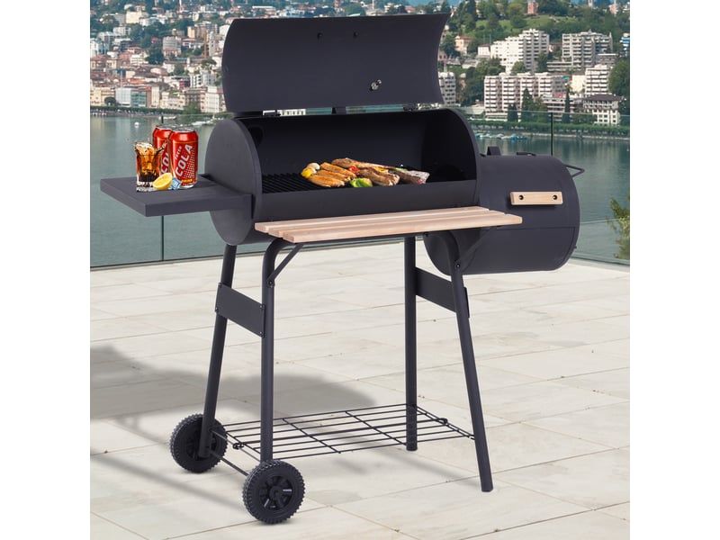  Barbecue au charbon 3-en-1 (fumoir et barbecue) – 124 x 53 x 104 cm – avec thermomètre, roues et étagères en bois – idéal pour pique-nique et camping  - Conforama C