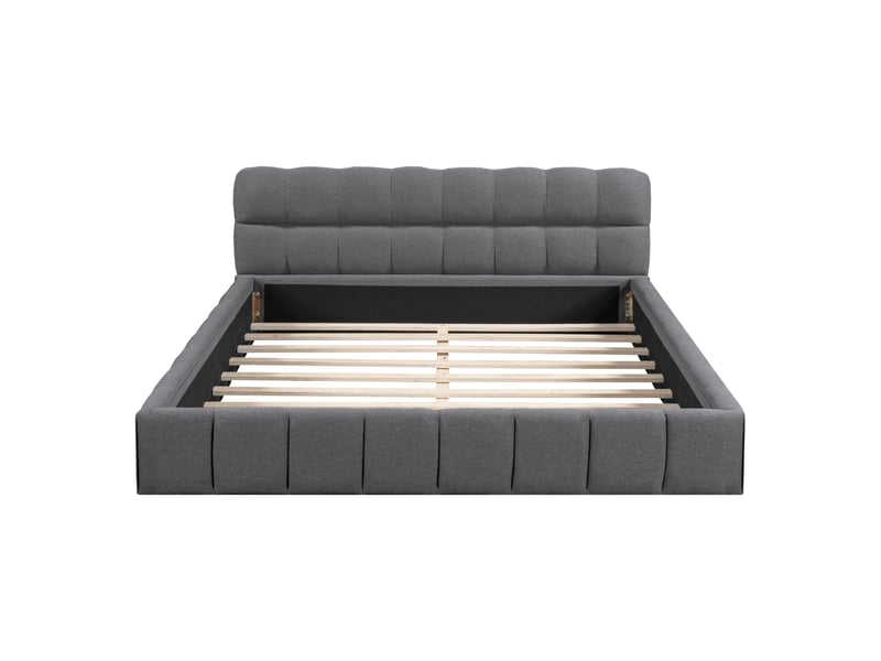  Lit 2 place 140x190 cm avec sommier à lattes et tête de lit à volants, lit enfant moderne, tissu lin gris, sans matelas  - Conforama R