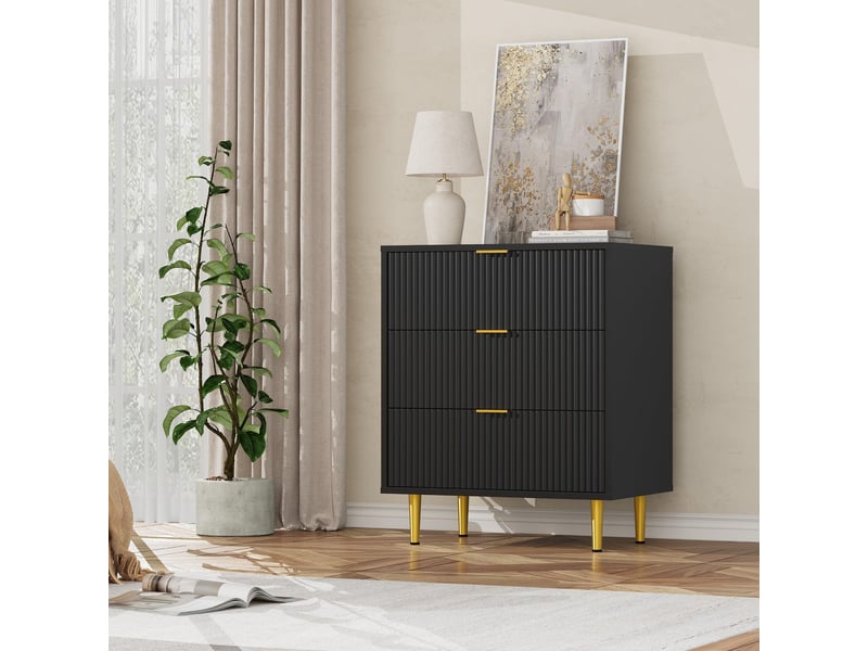 Commode moderne 3 tiroirs façade ondulée – rangement élégant, poignées et pieds dorés – pour chambre, salon ou entrée -noir PHK_35LRLKAX - Conforama A