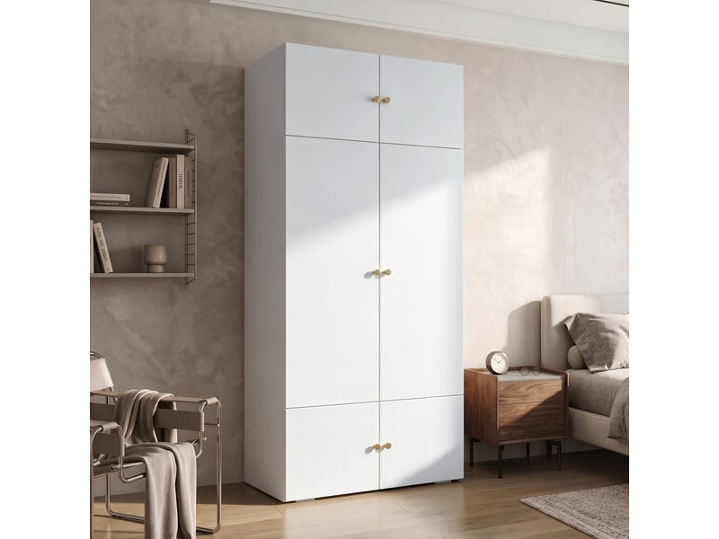 Armoire de chambre blanche 90x50x200 cm avec 1 penderie et 5 compartiments, portes battantes - Conforama R