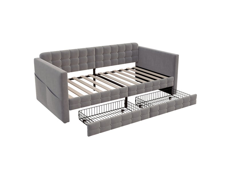  Lit canapé velours gris 90x190 cm motif capitonné avec 2 tiroirs et rangements  - Conforama D