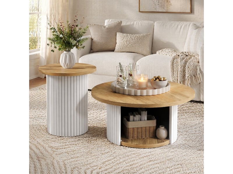  Set de tables basses rondes 75x75x50+45x45x35 cm avec rangement en mdf coloris naturel  - Conforama B
